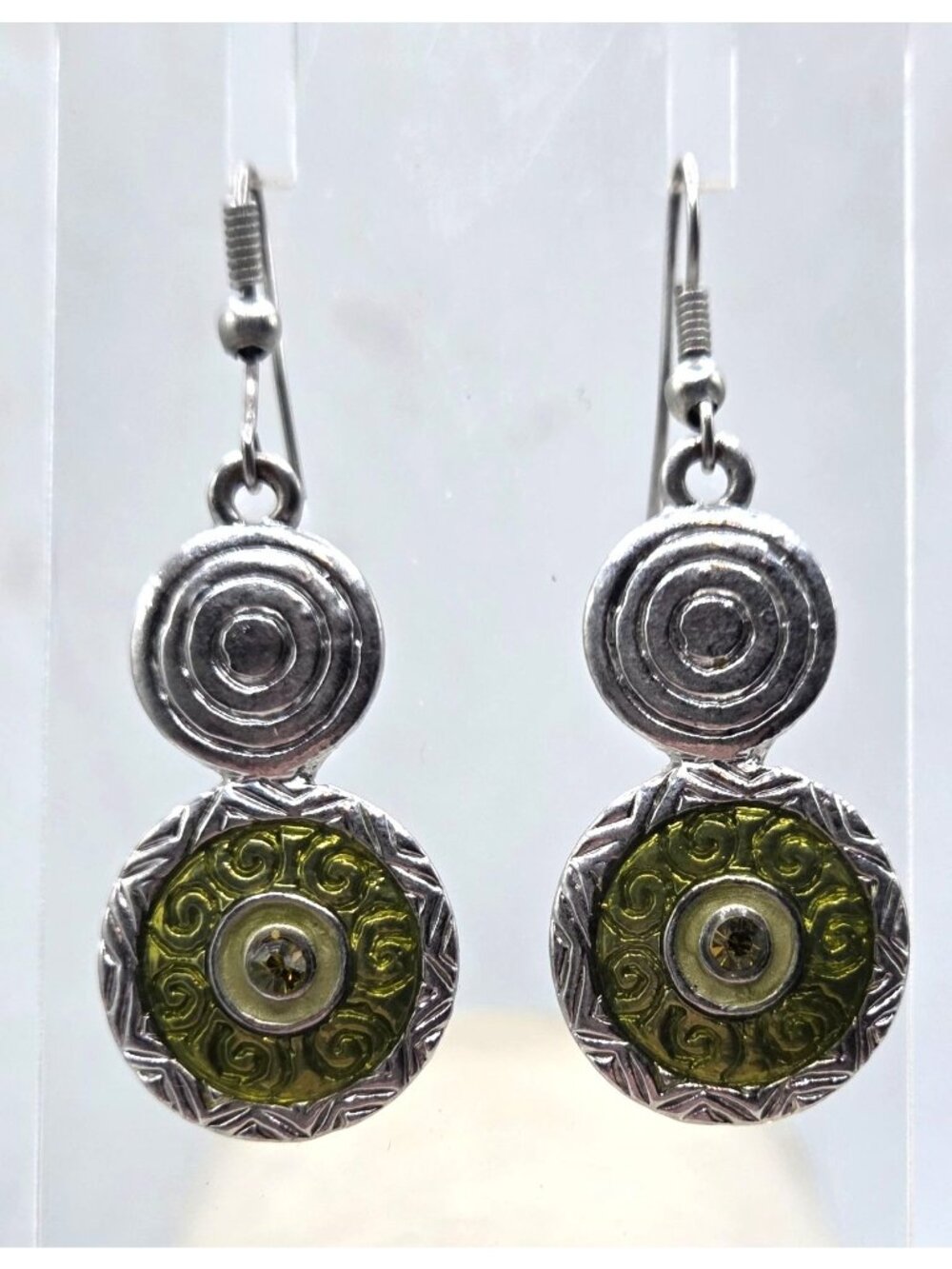 Silver & Green Tone Dangle Earrings With Intricate Swirl Design & Yellow Gemsto